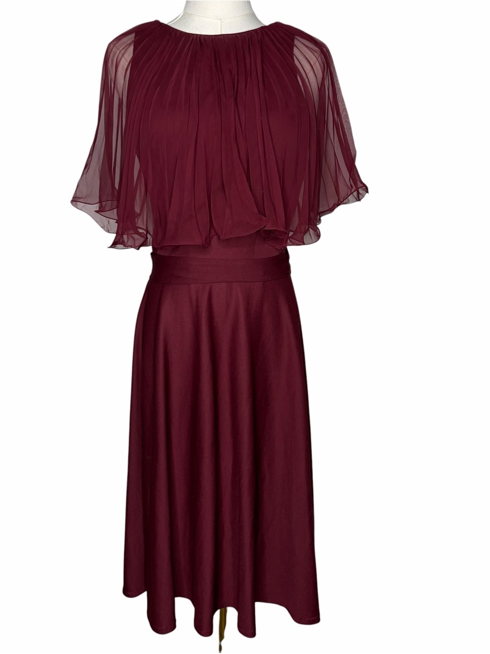 Vintage 70s Burgundy Red Chiffon Capelet Dress Formal Boho Witchy